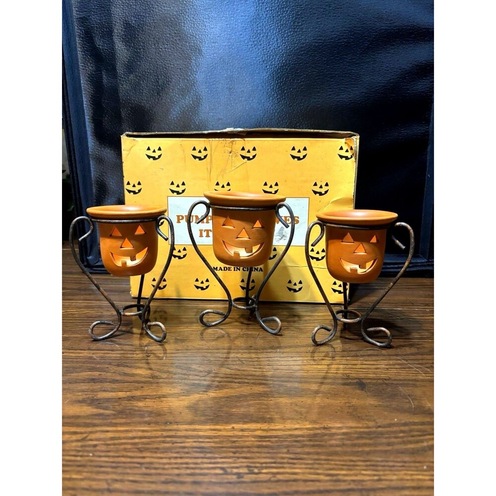 Vintage Terra-Cotta Jack-O'-Lantern Votive Candle Holders Set Of 3, Metal Stands